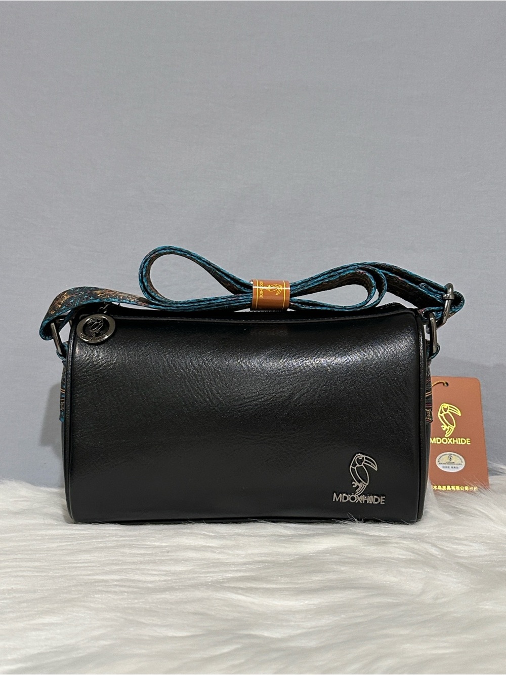 Mdoxhide Black Leather Crossbody Bag Adjustable Colorful Strap Zip Pockets